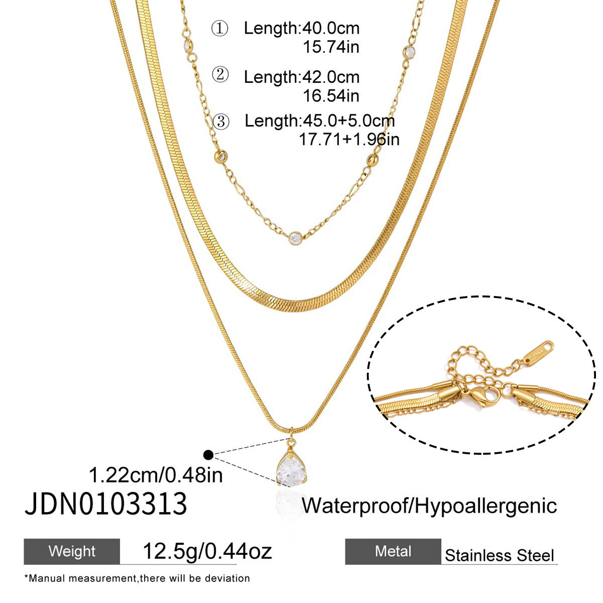 Maatschema Gelaagde Druppel Zirkonia Ketting - roestvrij staal, goudkleurig