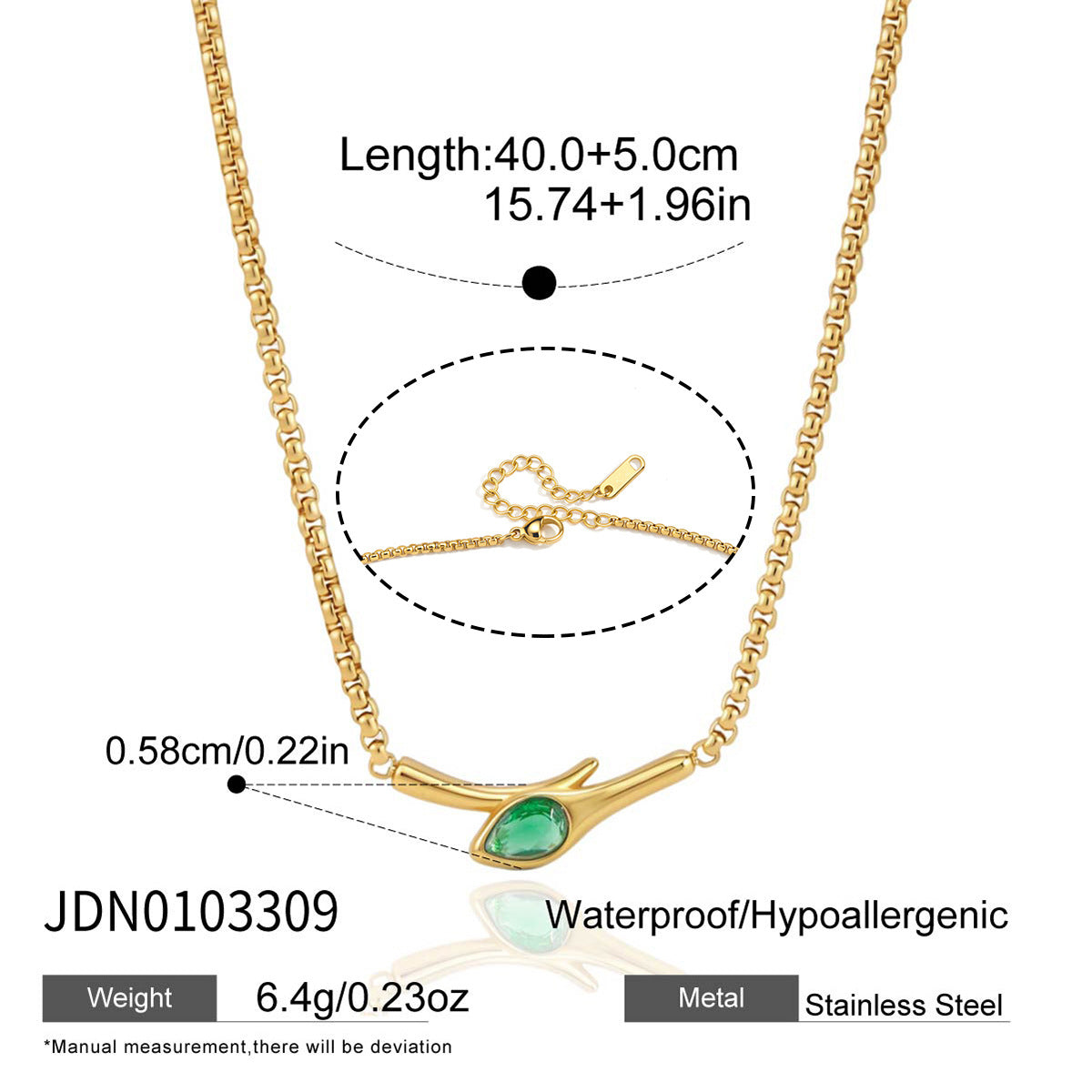 Maatschema slangenketting stijl 2: lengte 40+5 cm, roestvrij staal