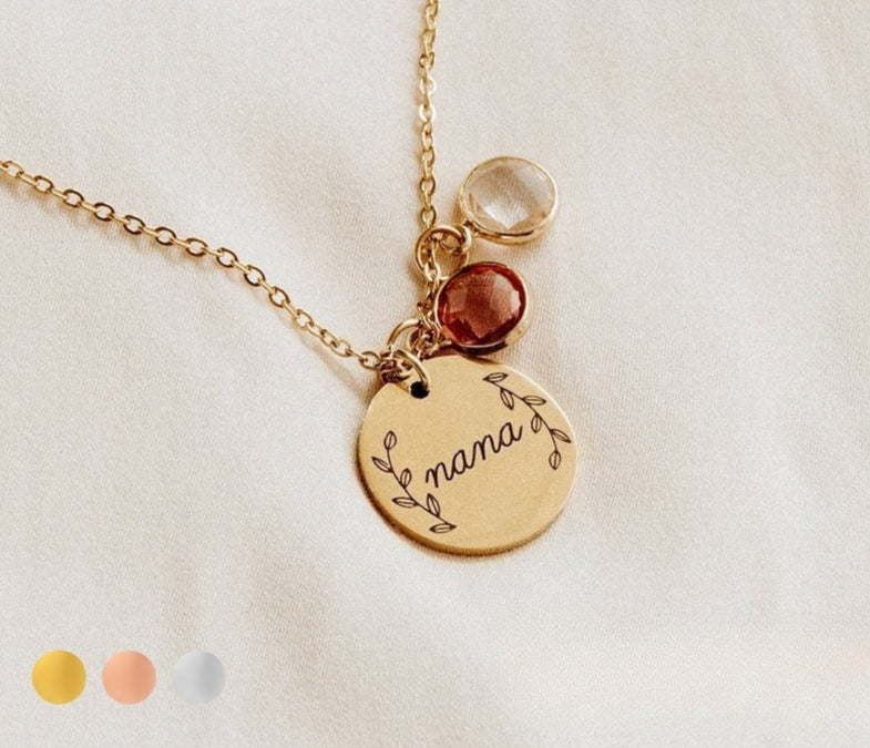 Gepersonaliseerde geboortesteen ketting in S925 zilver met graveerbare naam "nana"