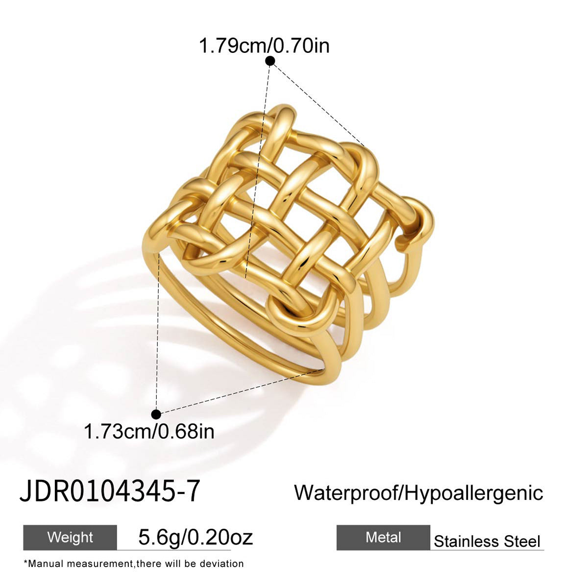 Maatschema goudkleurige gevlochten statement ring: breedte 1,73-1,79 cm, roestvrij staal