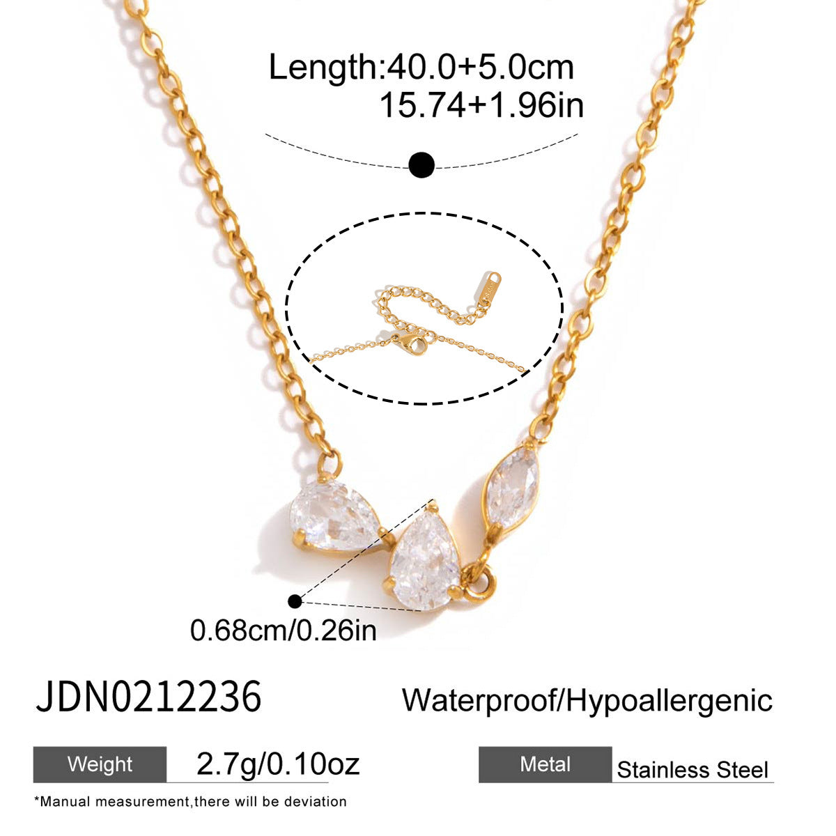 Specificaties vierkante hanger ketting: lengte 40+5cm, gewicht 2,7g, roestvrij staal, waterbestendig en hypoallergeen