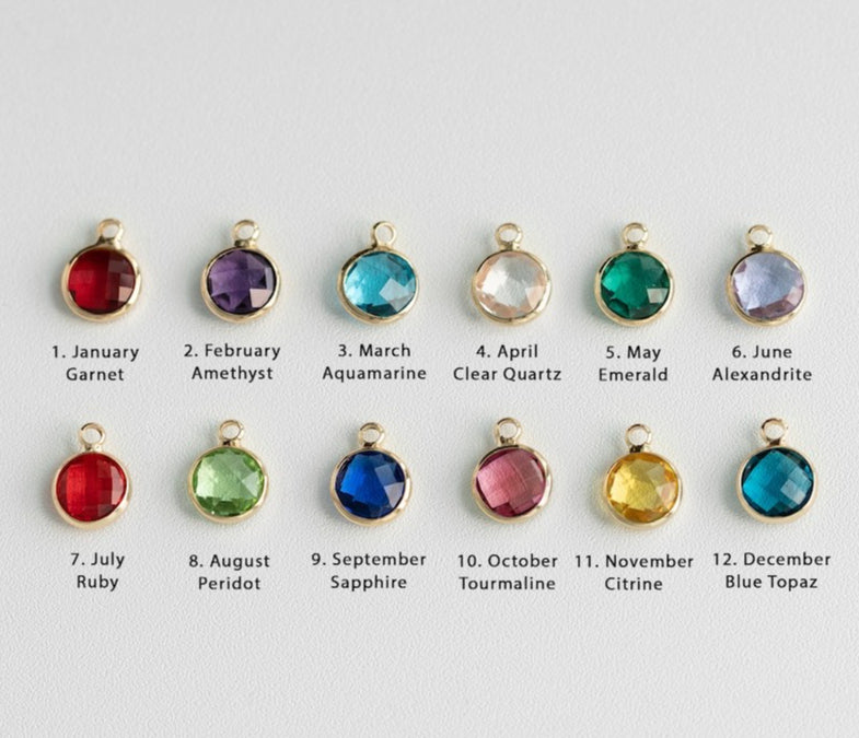 Overzicht van alle 12 geboortestenen per maand voor de gepersonaliseerde ketting