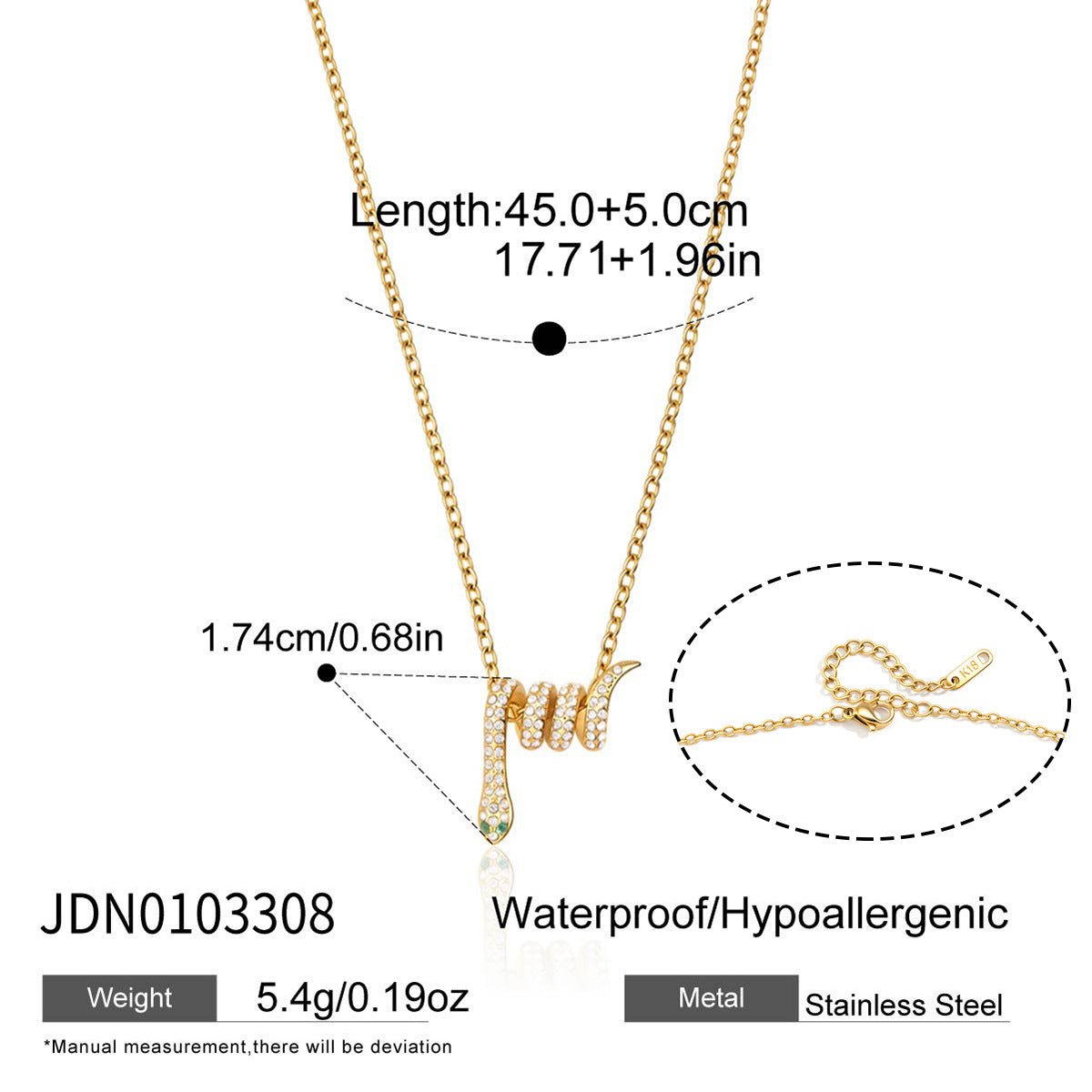 Maatschema slangenketting stijl 1: lengte 45+5 cm, roestvrij staal