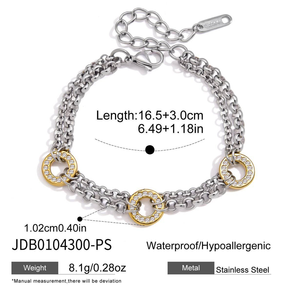 Maatschema tweekleurige zirkonia schakelarmband: lengte 16,5 + 3 cm, roestvrij staal