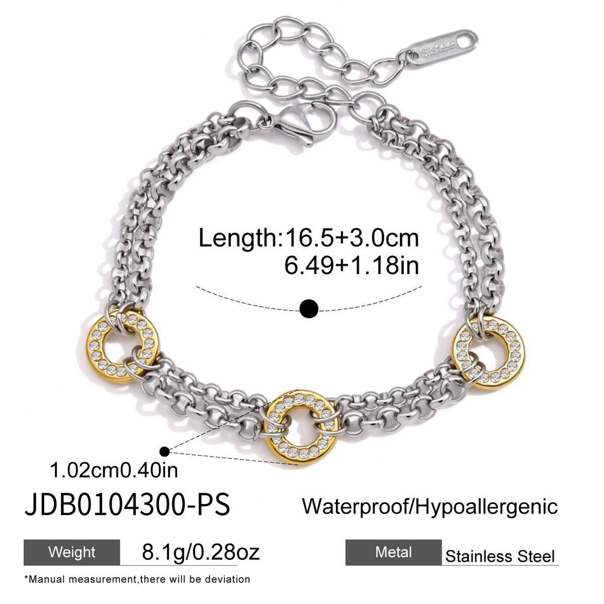 Maatschema tweekleurige zirkonia schakelarmband: lengte 16,5 + 3 cm, roestvrij staal